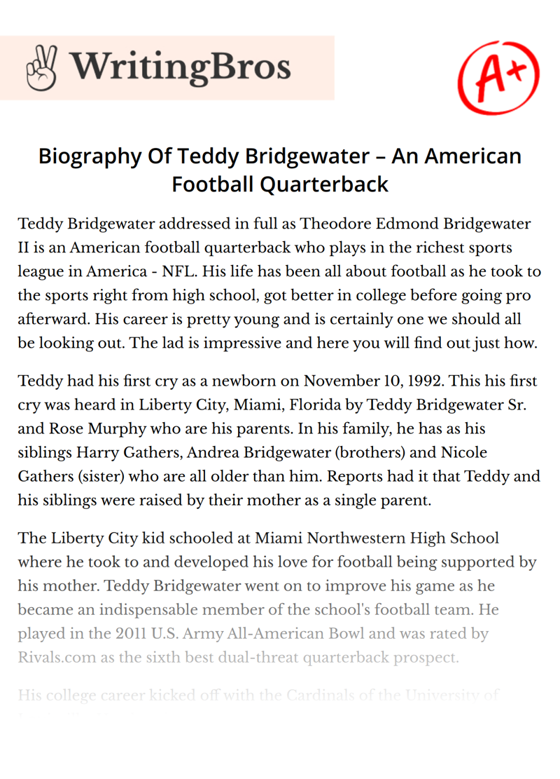 Biography Of Teddy Bridgewater – An American Football Quarterback essay