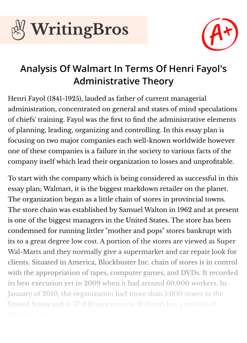 Analysis Of Walmart In Terms Of Henri Fayol's Administrative Theory essay