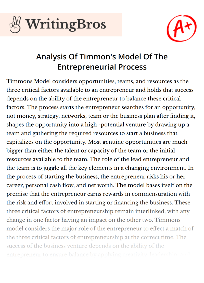 Analysis Of Timmon's Model Of The Entrepreneurial Process essay