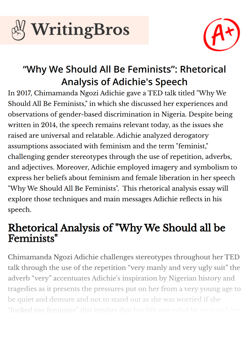 “Why We Should All Be Feminists”: Rhetorical Analysis of Adichie's Speech essay