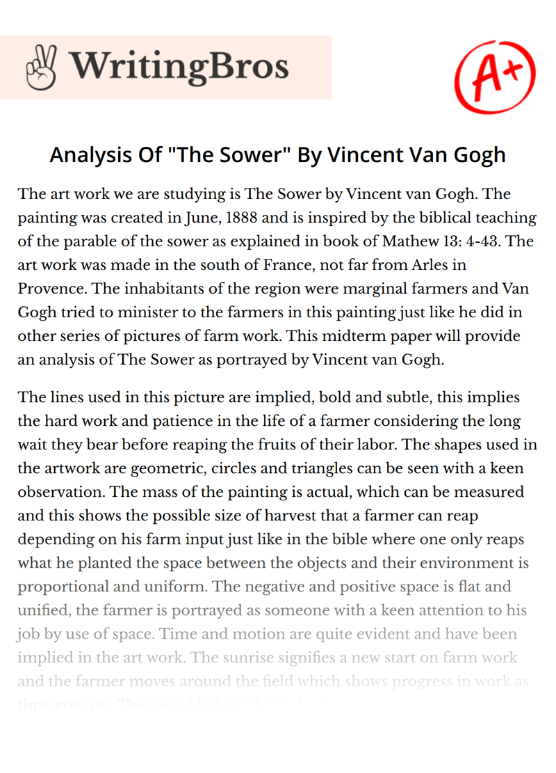 Analysis Of "The Sower" By Vincent Van Gogh essay