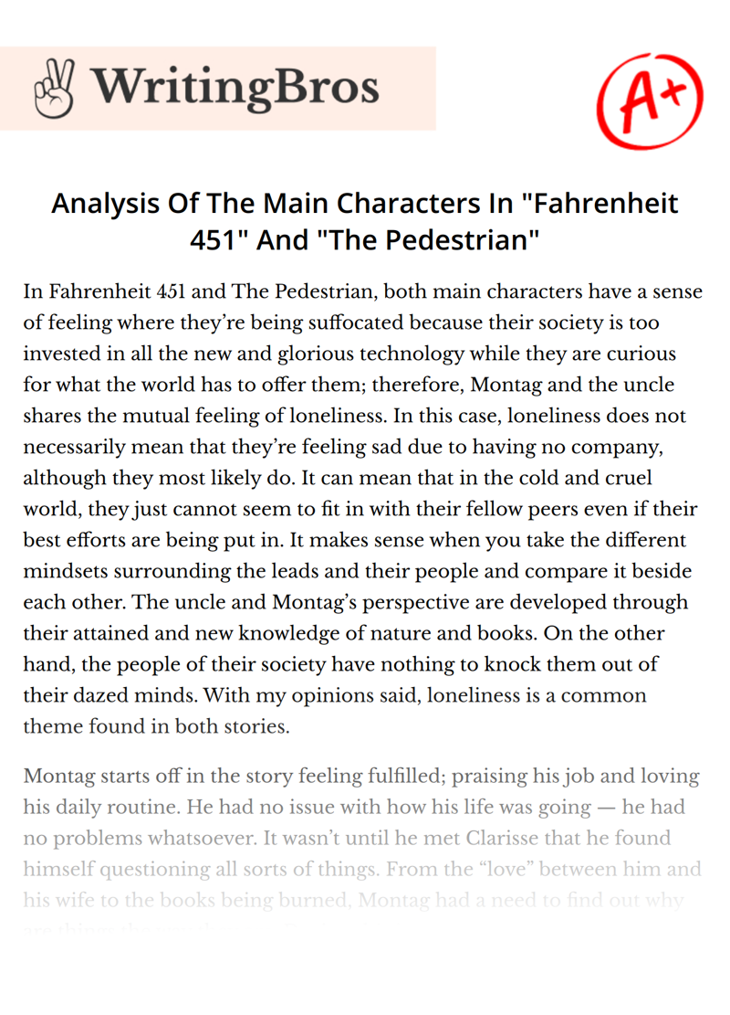 Analysis Of The Main Characters In "Fahrenheit 451" And "The Pedestrian" essay