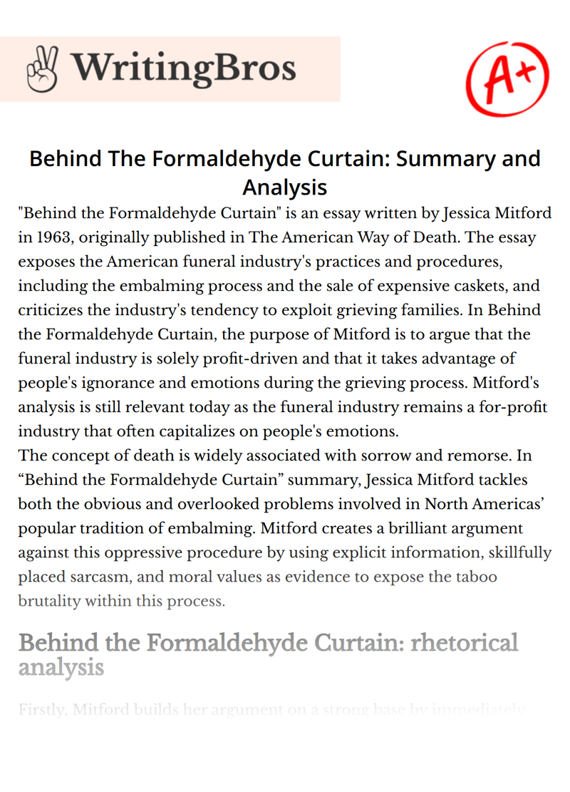 Behind The Formaldehyde Curtain: Summary and Analysis essay