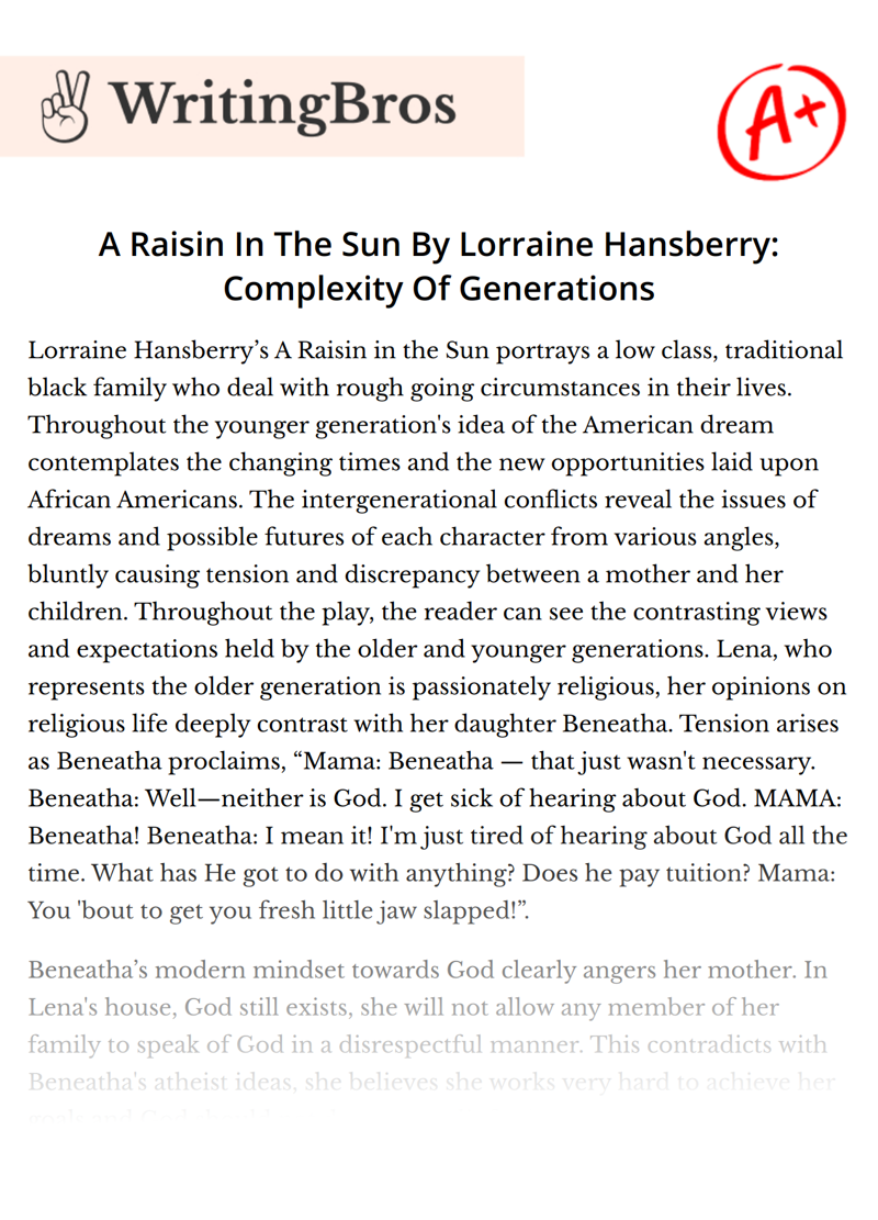 A Raisin In The Sun By Lorraine Hansberry: Complexity Of Generations essay