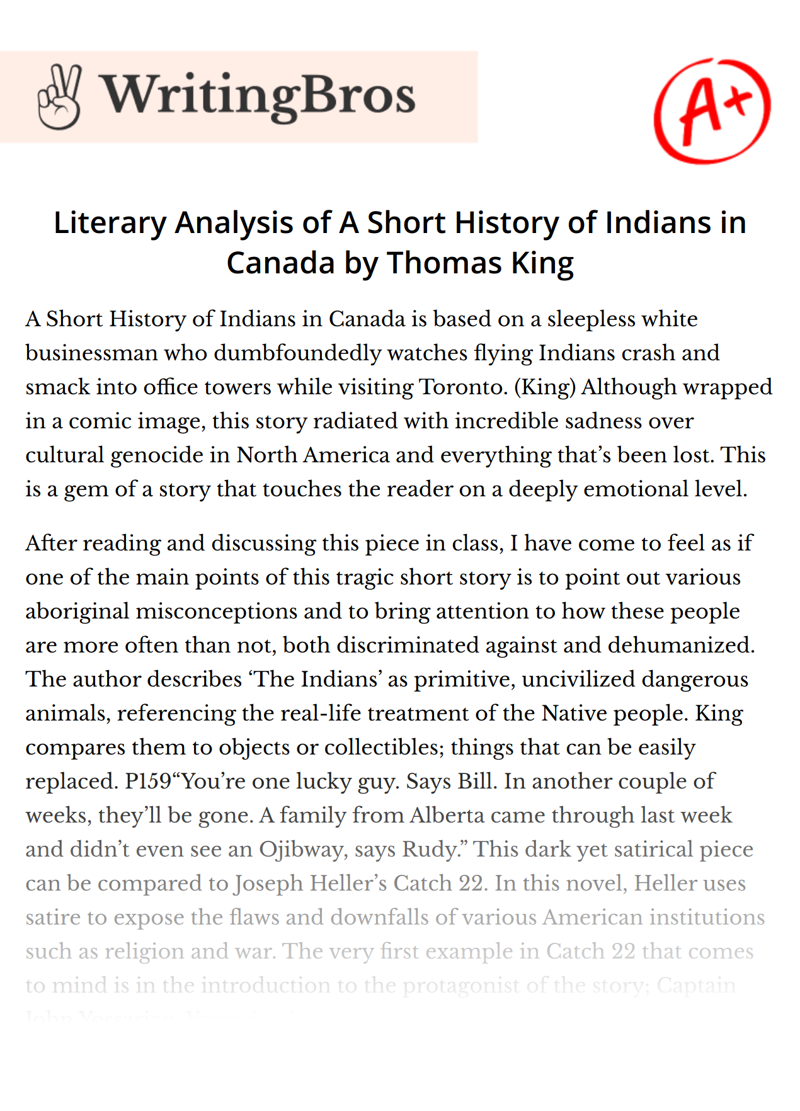 Literary Analysis of A Short History of Indians in Canada by Thomas King essay