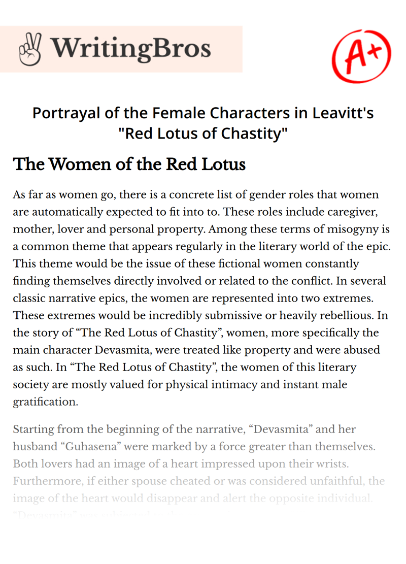 Portrayal of the Female Characters in Leavitt's "Red Lotus of Chastity" essay