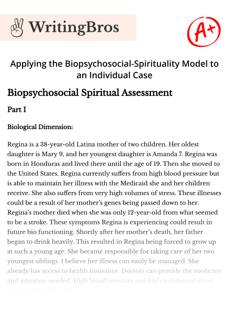 Applying the Biopsychosocial-Spirituality Model to an Individual Case essay