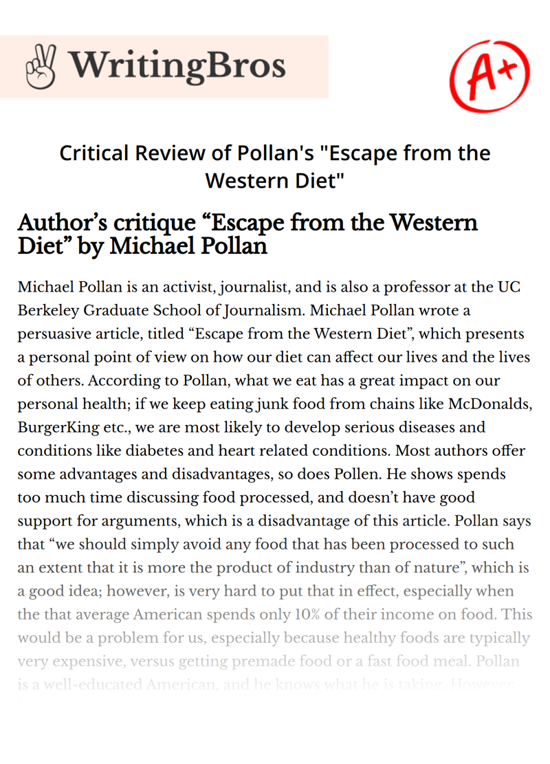 Critical Review of Pollan's "Escape from the Western Diet" essay