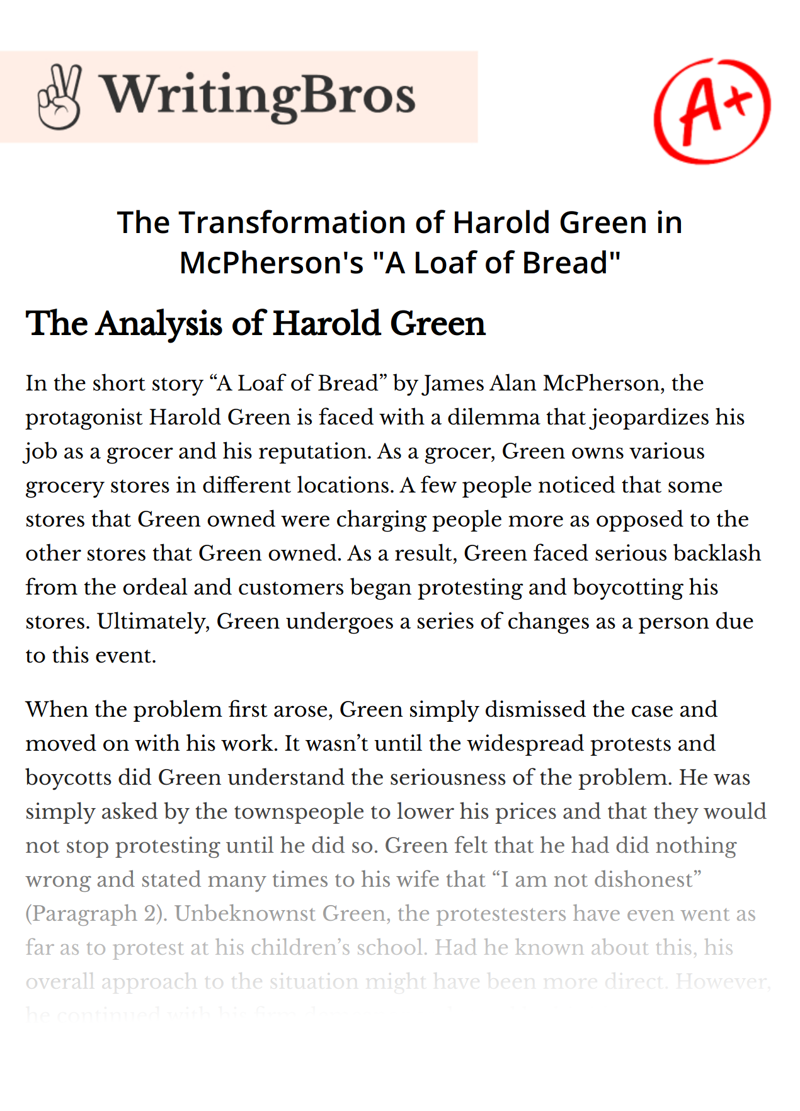 The Transformation of Harold Green in McPherson's "A Loaf of Bread" essay