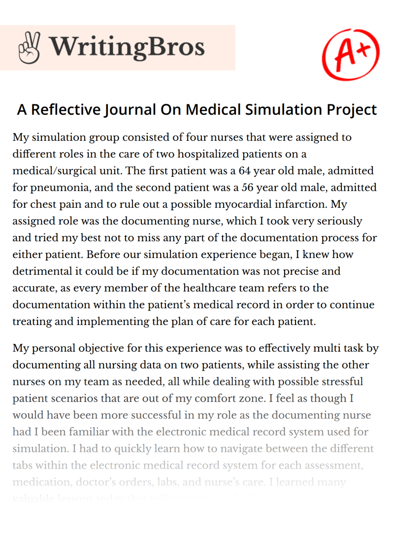 A Reflective Journal On Medical Simulation Project essay
