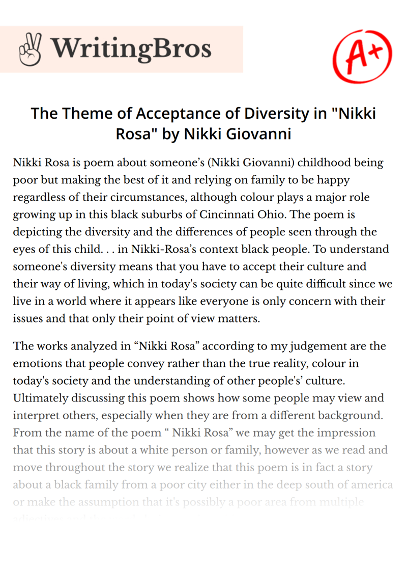 The Theme of Acceptance of Diversity in "Nikki Rosa" by Nikki Giovanni essay