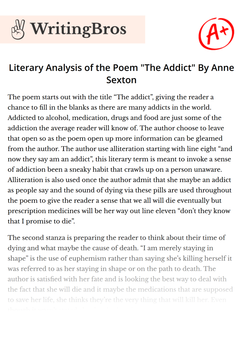 Literary Analysis of the Poem "The Addict" By Anne Sexton essay
