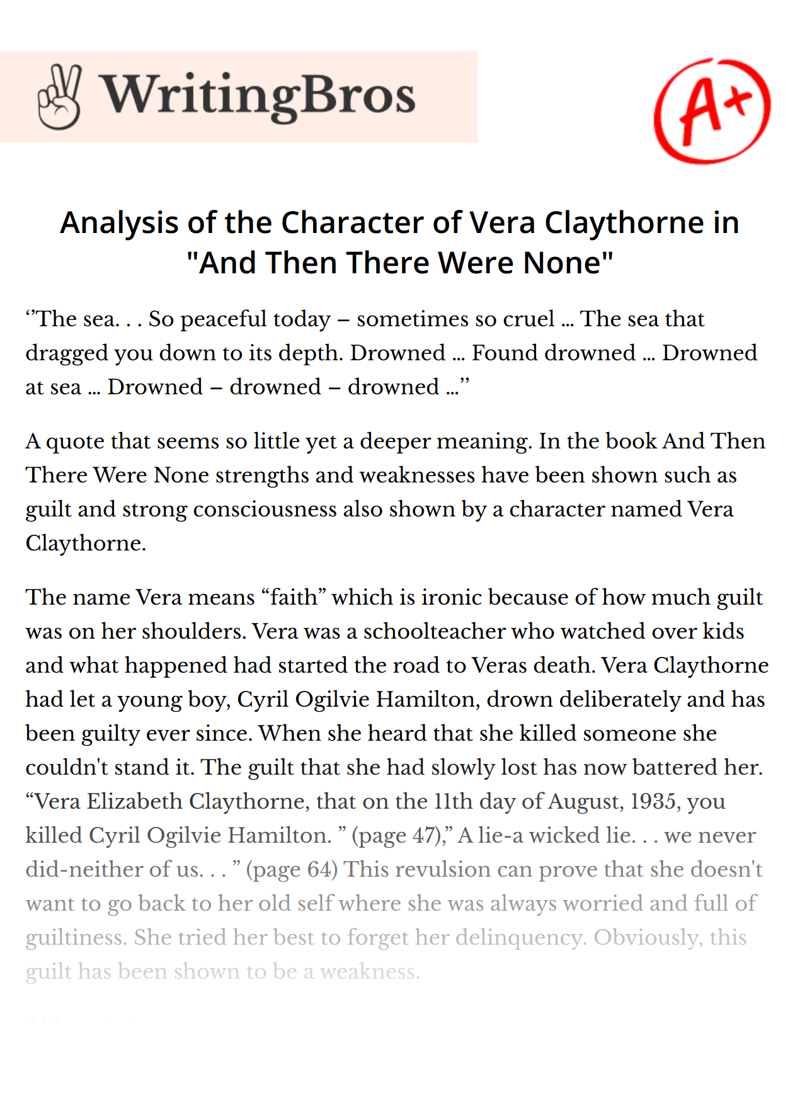 Analysis of the Character of Vera Claythorne in "And Then There Were None" essay