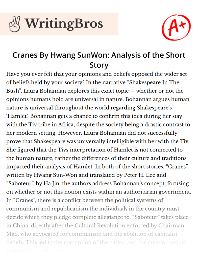 Cranes By Hwang SunWon: Analysis of the Short Story essay
