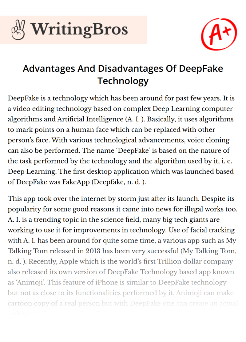 Advantages And Disadvantages Of DeepFake Technology essay