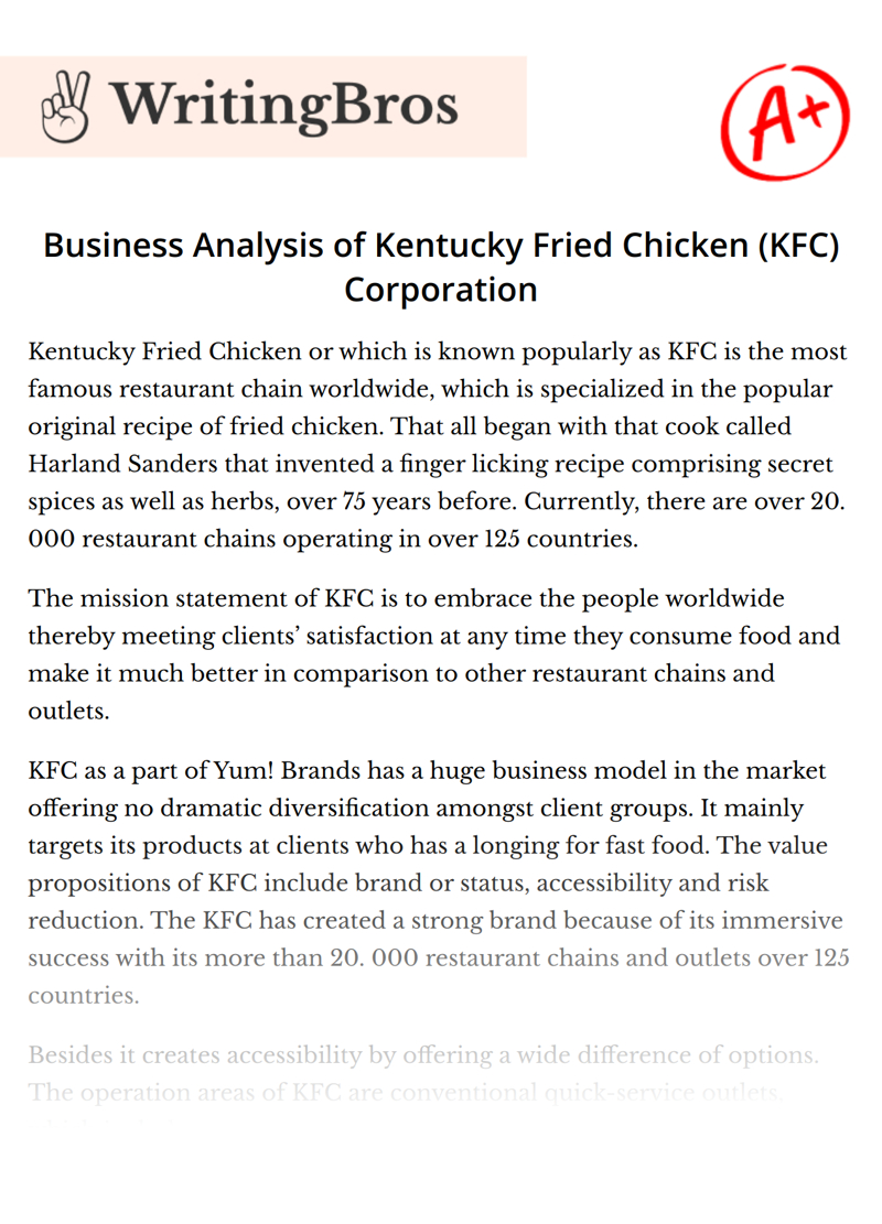 Business Analysis of Kentucky Fried Chicken (KFC) Corporation essay