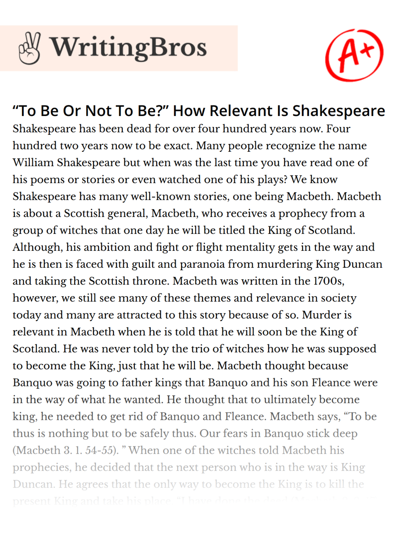 “To Be Or Not To Be?” How Relevant Is Shakespeare essay
