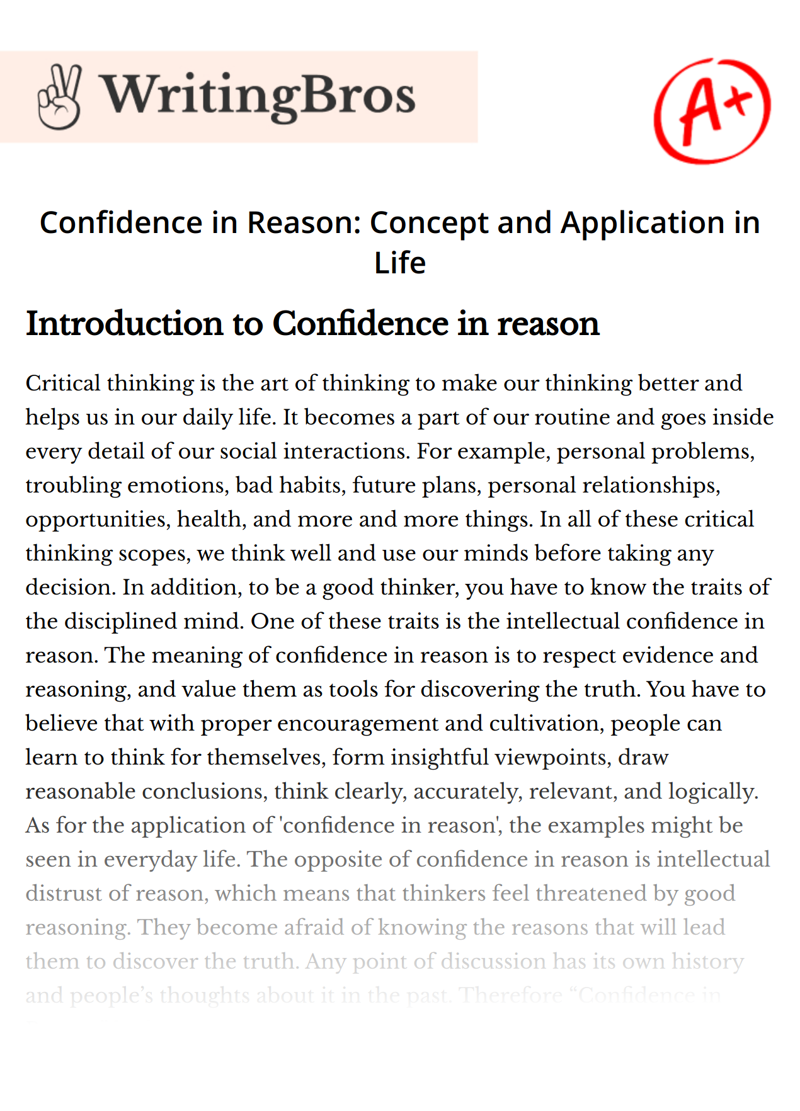 Confidence in Reason: Concept and Application in Life essay