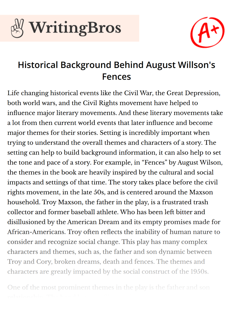 Historical Background Behind August Willson's Fences essay