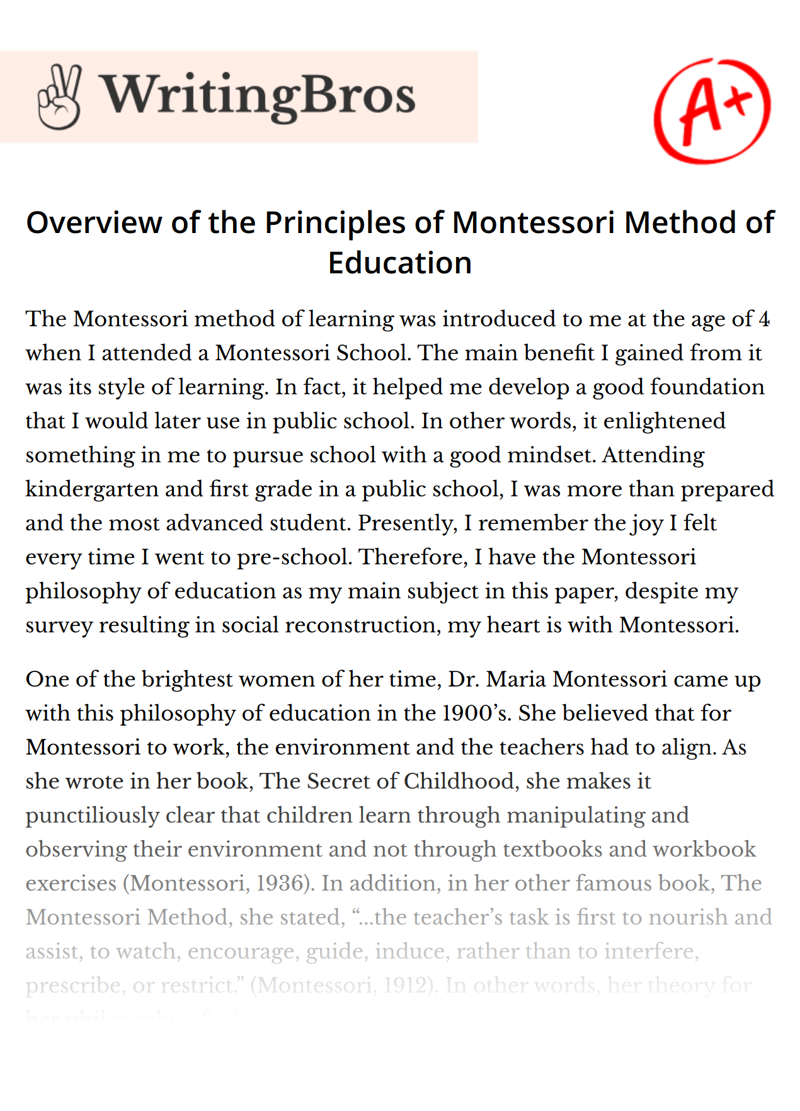 Overview of the Principles of Montessori Method of Education essay