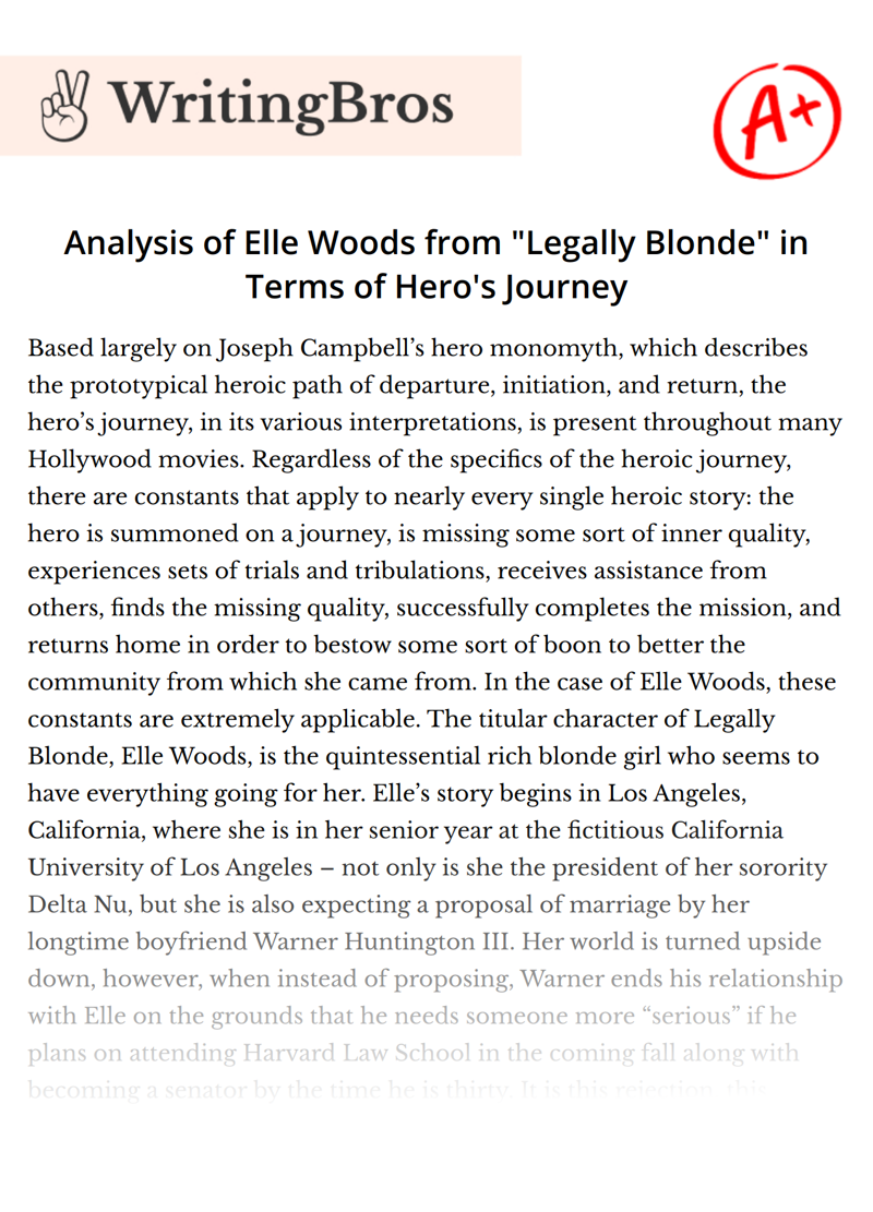 Analysis of Elle Woods from "Legally Blonde" in Terms of Hero's Journey essay
