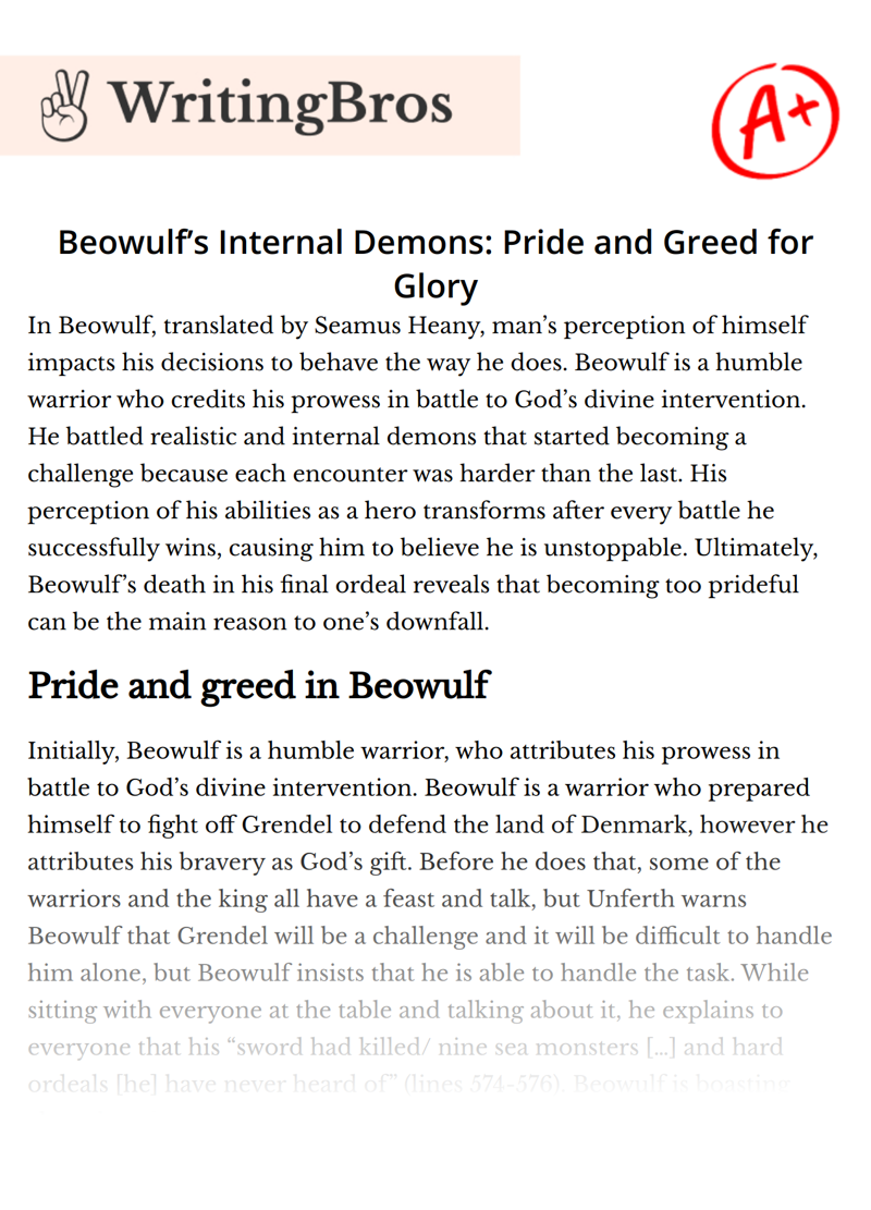 Beowulf’s Internal Demons: Pride and Greed for Glory essay
