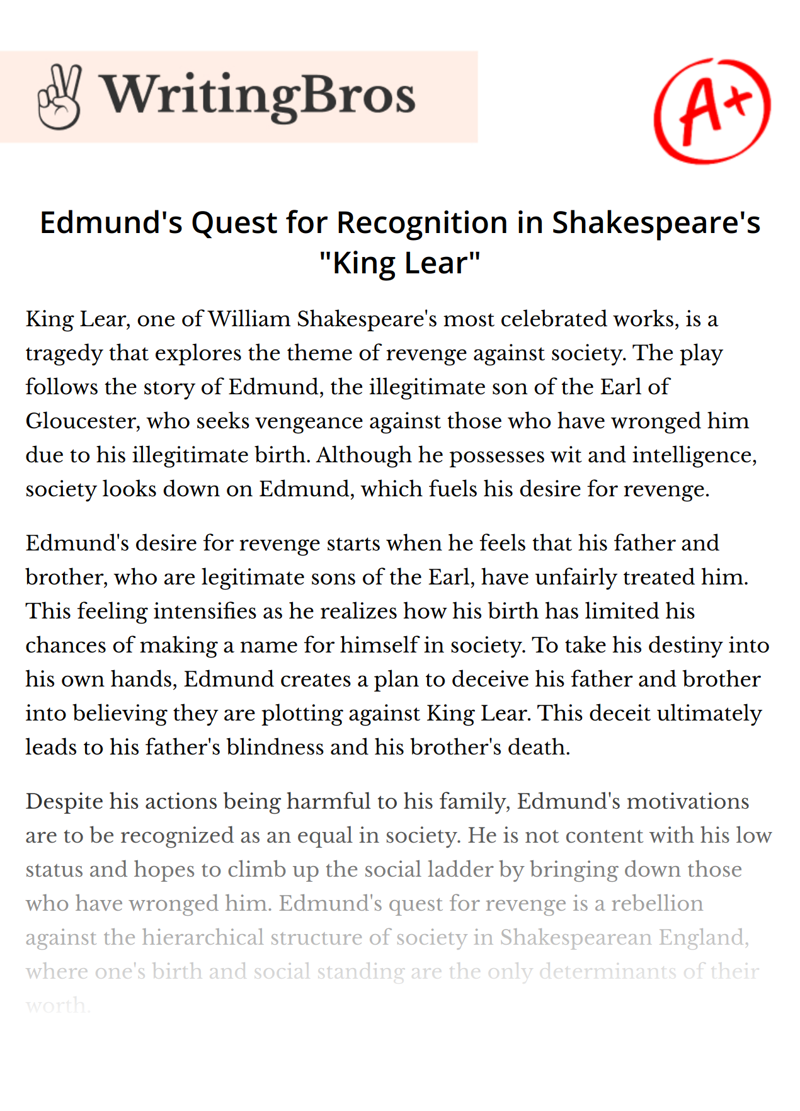 Edmund's Quest for Recognition in Shakespeare's "King Lear" essay