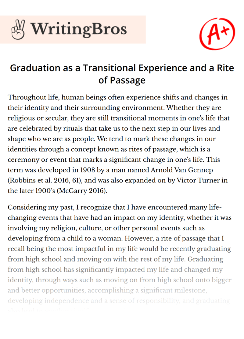 Graduation as a Transitional Experience and a Rite of Passage essay