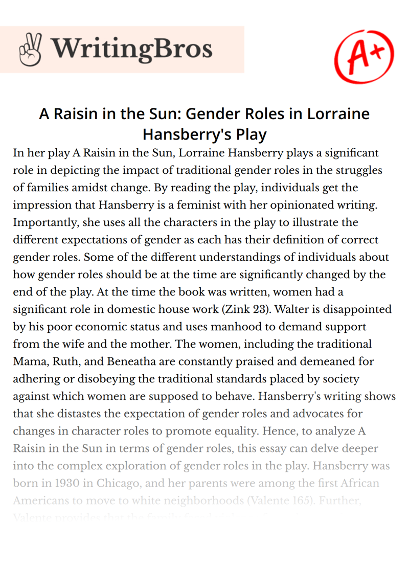 A Raisin in the Sun: Gender Roles in Lorraine Hansberry's Play essay