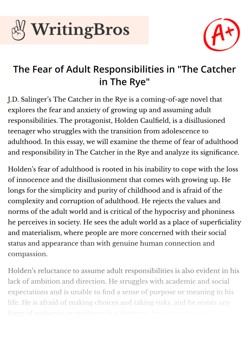 The Fear of Adult Responsibilities in "The Catcher in The Rye" essay