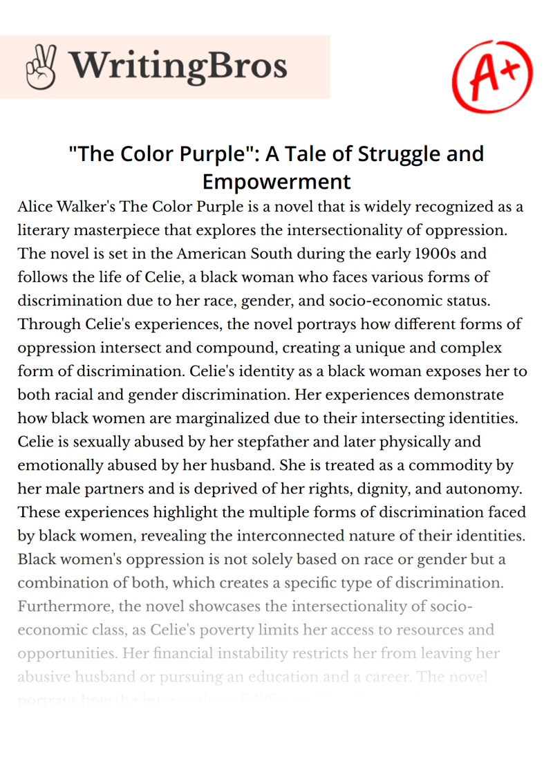 "The Color Purple": A Tale of Struggle and Empowerment essay