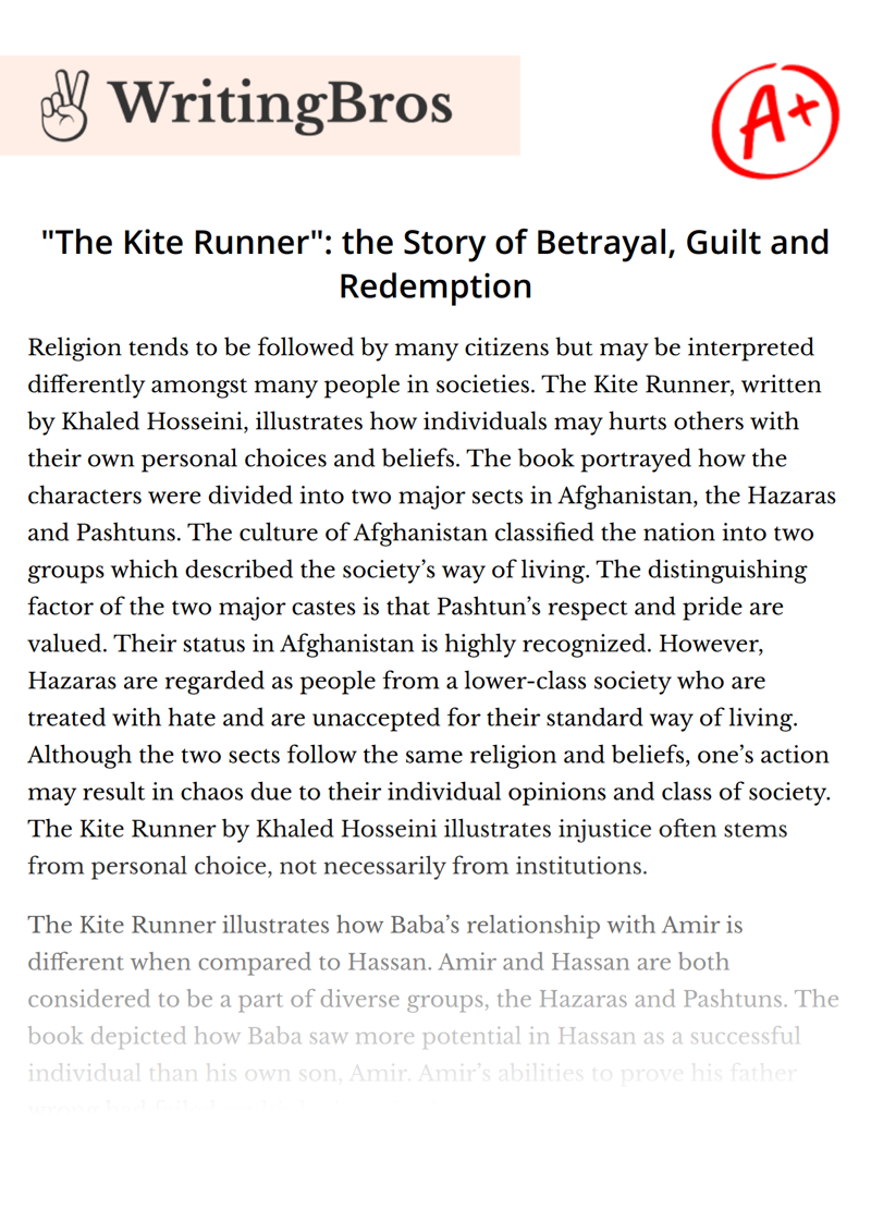 "The Kite Runner": the Story of Betrayal, Guilt and Redemption essay