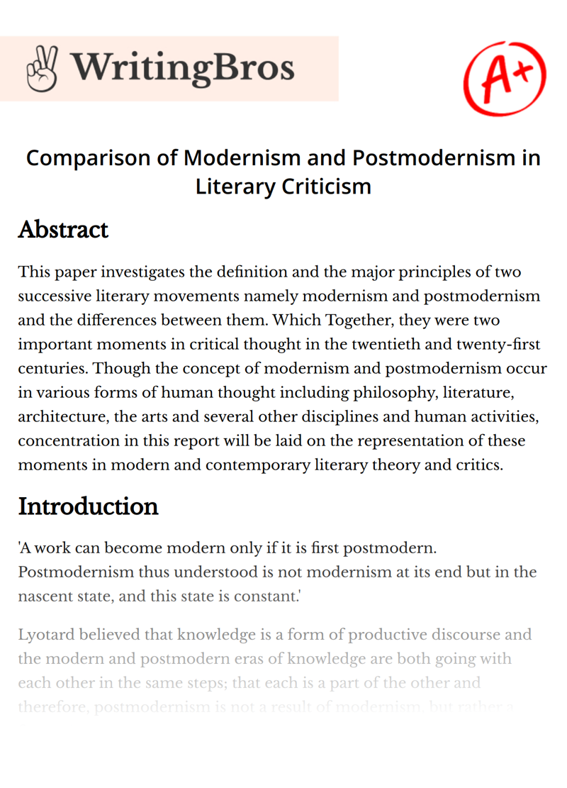 Comparison of Modernism and Postmodernism in Literary Criticism essay