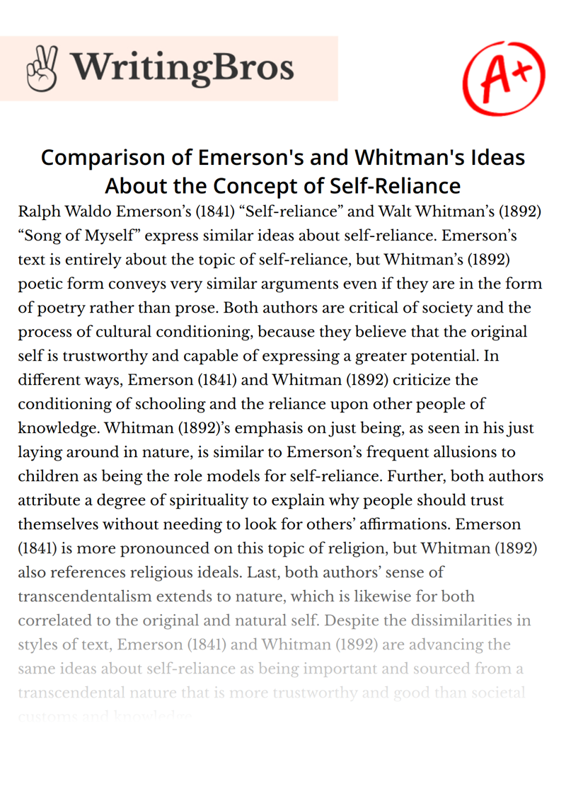 Comparison of Emerson's and Whitman's Ideas About the Concept of Self-Reliance essay