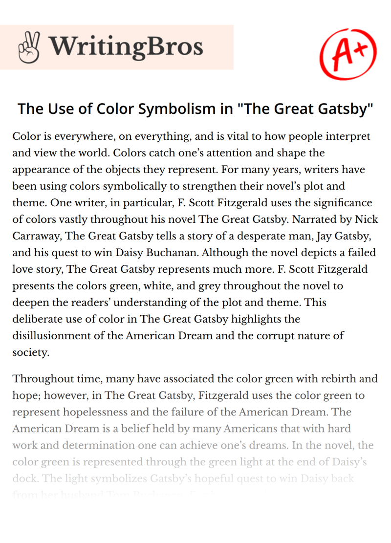 The Use of Color Symbolism in "The Great Gatsby" essay