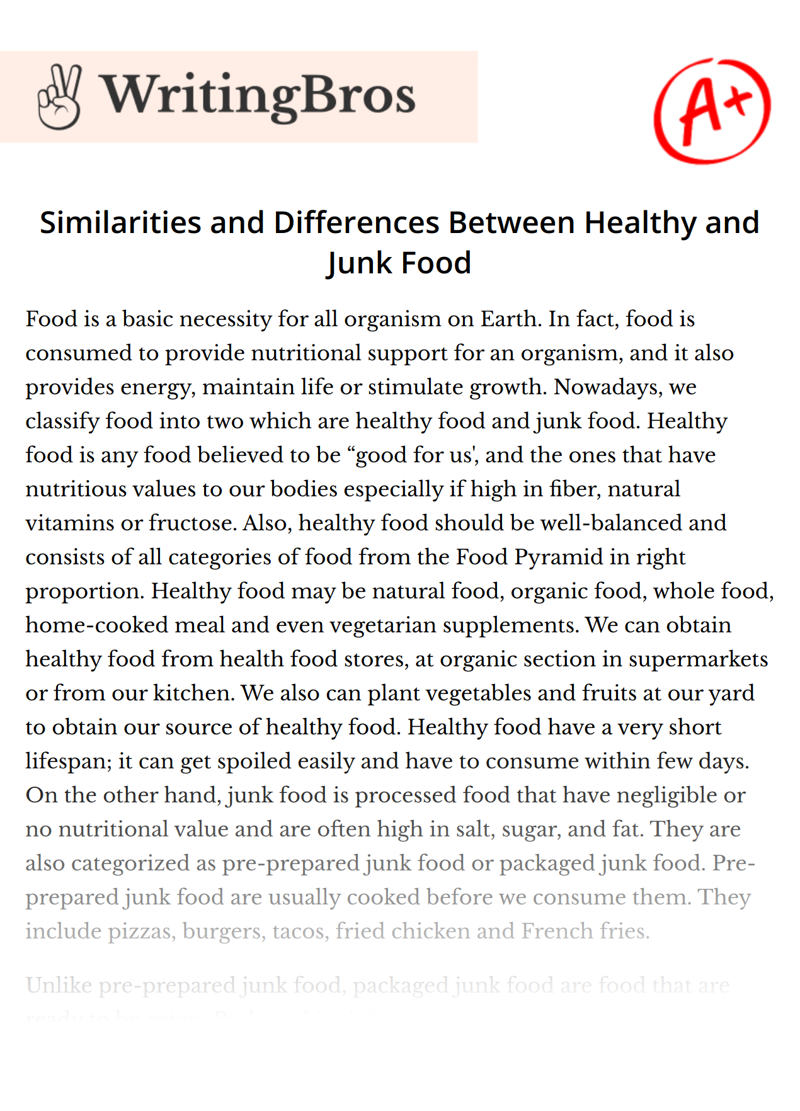 Similarities and Differences Between Healthy and Junk Food essay