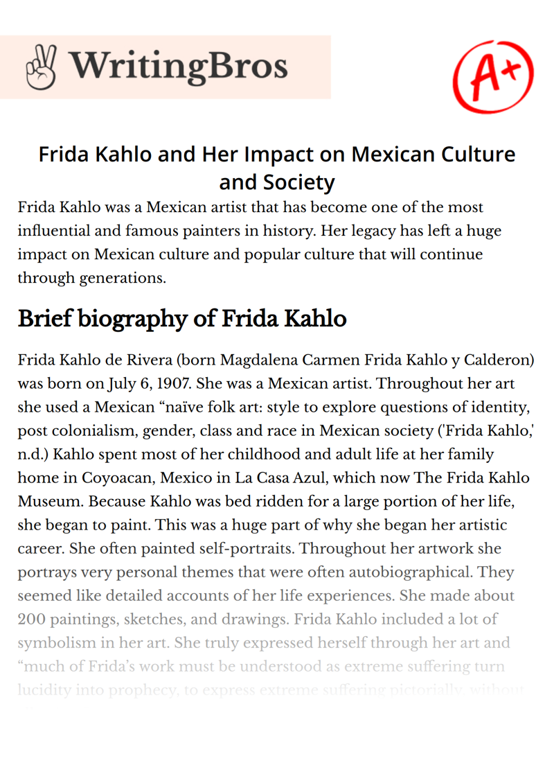 Frida Kahlo and Her Impact on Mexican Culture and Society essay