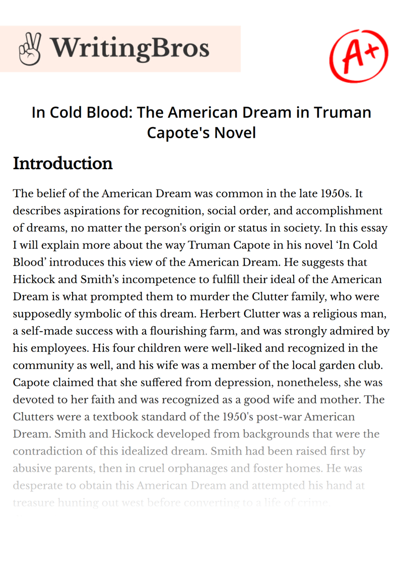 In Cold Blood: The American Dream in Truman Capote's Novel essay