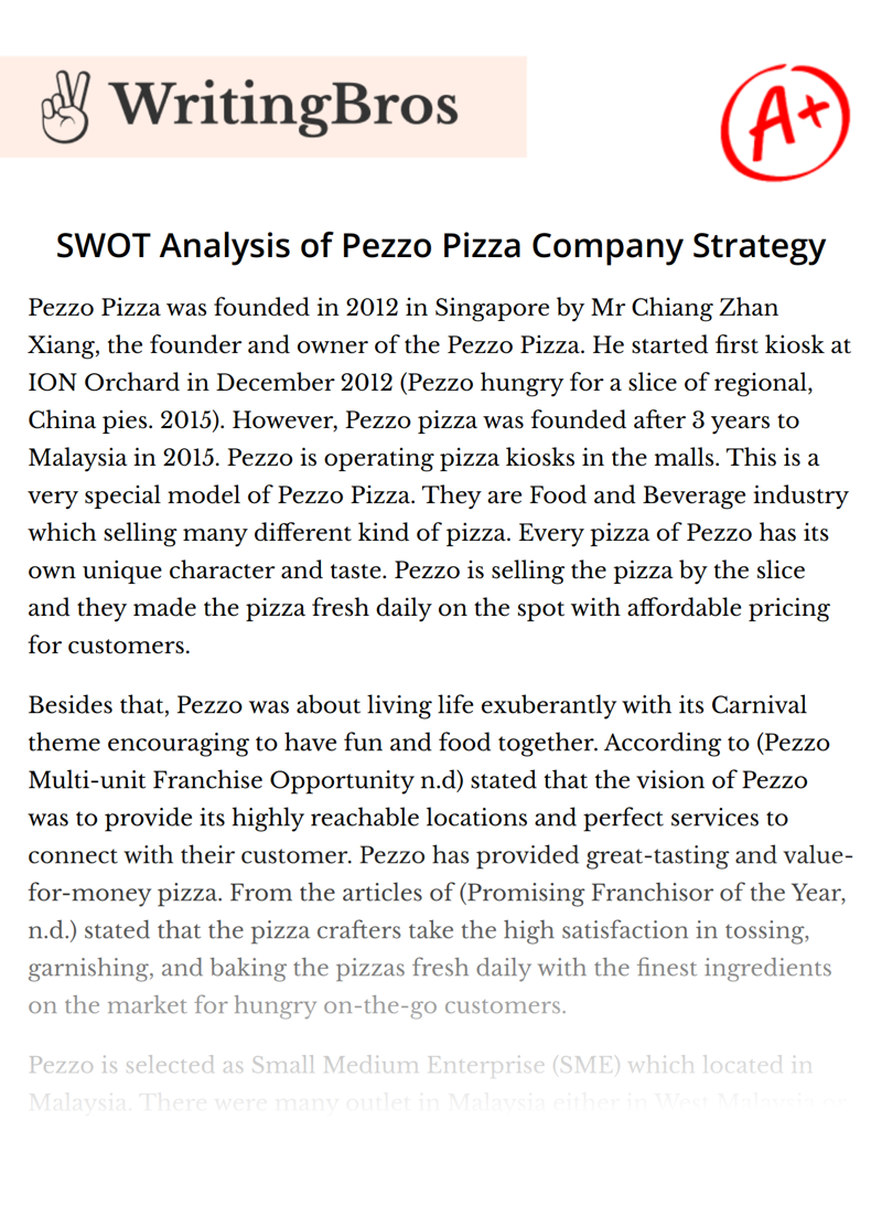SWOT Analysis of Pezzo Pizza Company Strategy essay