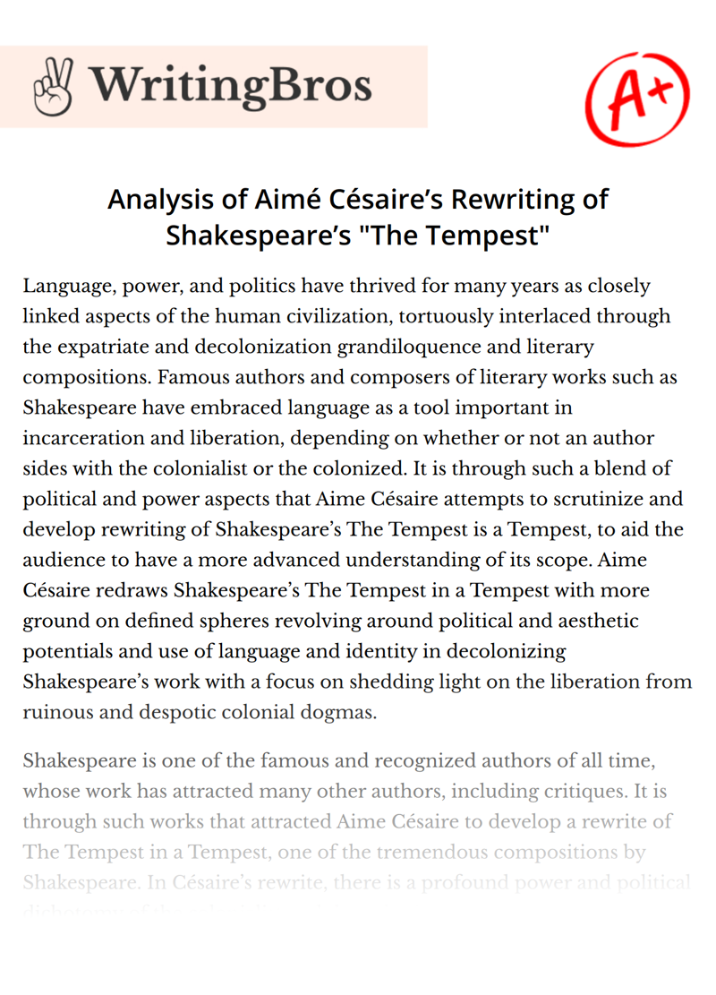 Analysis of Aimé Césaire’s Rewriting of Shakespeare’s "The Tempest" essay