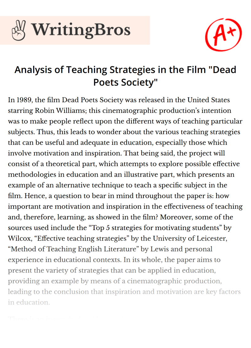 Analysis of Teaching Strategies in the Film "Dead Poets Society" essay