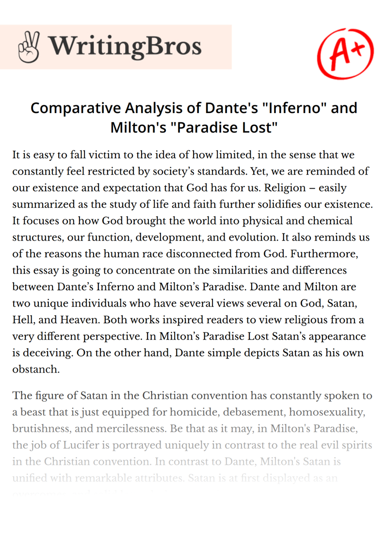 Comparative Analysis of Dante's "Inferno" and Milton's "Paradise Lost" essay