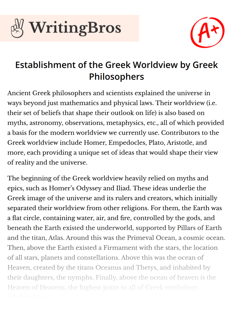 Establishment of the Greek Worldview by Greek Philosophers essay
