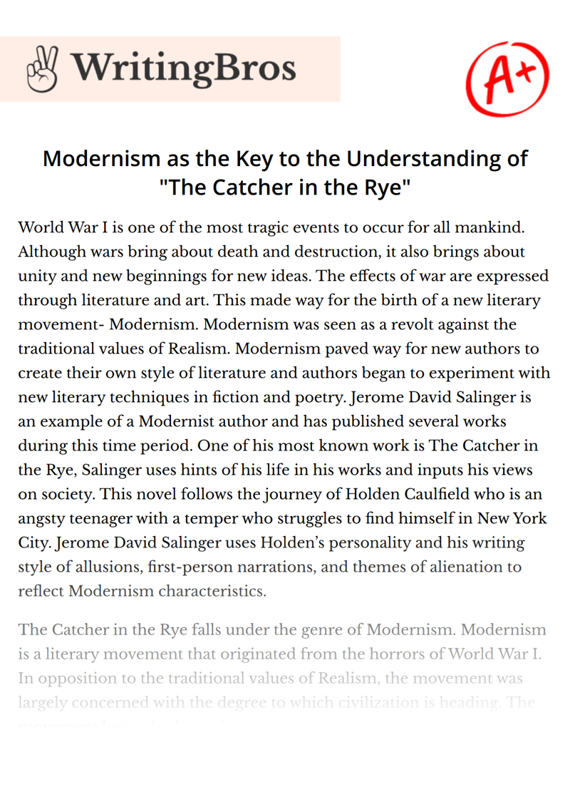 Modernism as the Key to the Understanding of "The Catcher in the Rye" essay