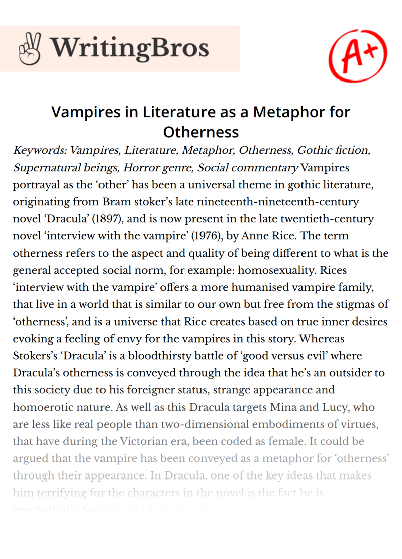 Vampires in Literature as a Metaphor for Otherness essay