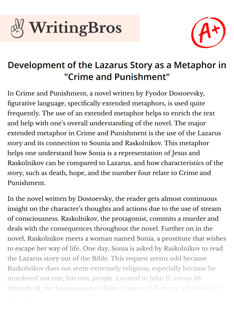 Development of the Lazarus Story as a Metaphor in "Crime and Punishment" essay
