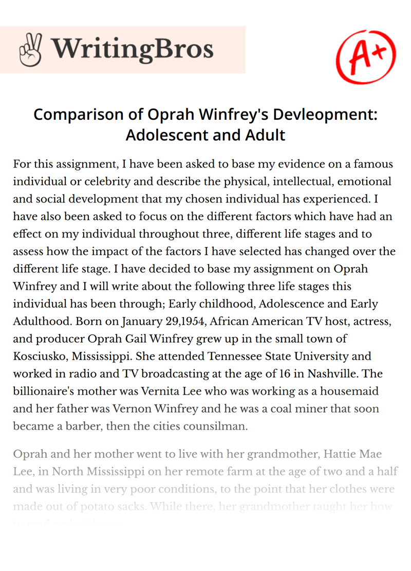 Comparison of Oprah Winfrey's Devleopment: Adolescent and Adult essay