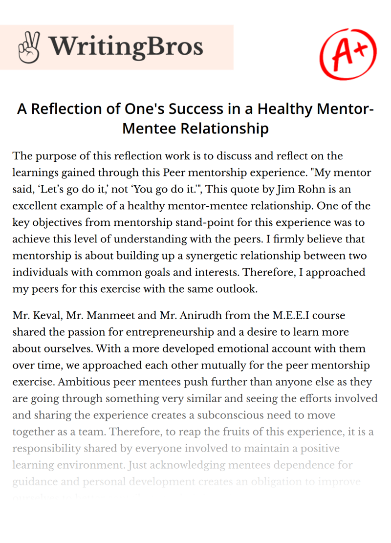 A Reflection of One's Success in a Healthy Mentor-Mentee Relationship essay