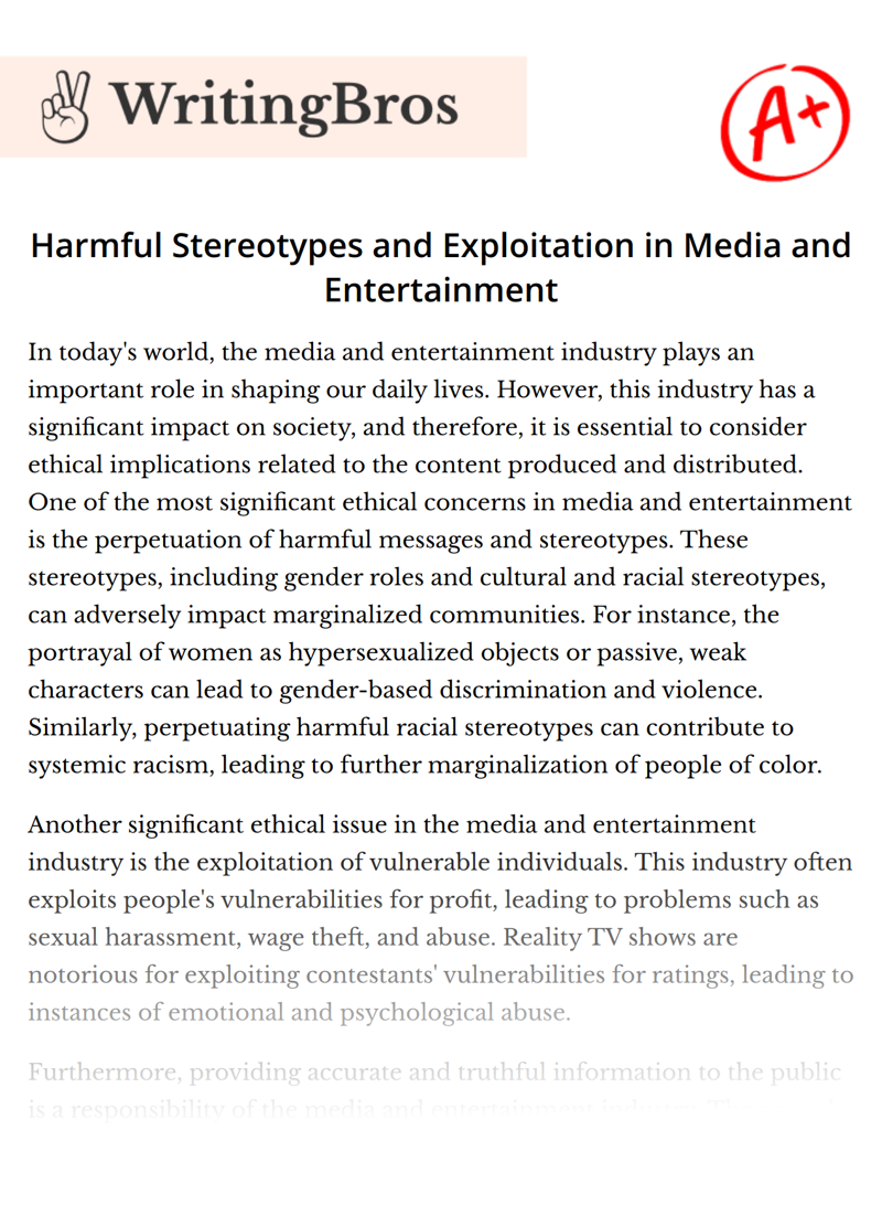 Harmful Stereotypes and Exploitation in Media and Entertainment essay