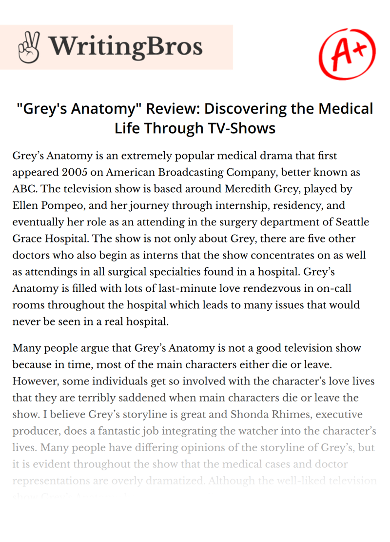 "Grey's Anatomy" Review: Discovering the Medical Life Through TV-Shows essay